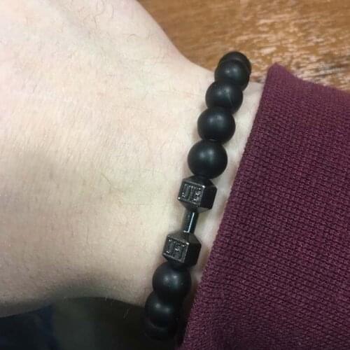 Black Matte Beads Bracelets for Women Men Natural Black Volcanic Lava Stone Dumbbell Bracelet Fitness Barbell Jewelry Pulseras