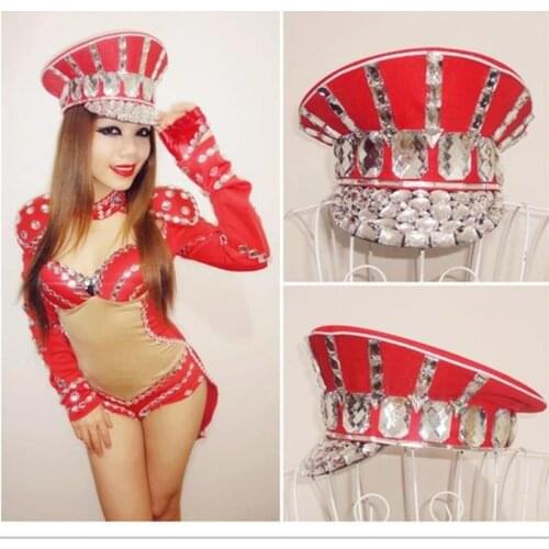 Ds Costume Bling Baby Hats Sparkling Diamond Police Cap Rhinestone Red Military Hat Army Hat Military Cap Chapeau Homme Ete 2020