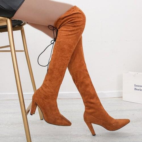 Foreign Trade Plus Size Womens Boots 2020 New Womens Stretch Boots High-heel Pointed Over The Knee British Style Boots
