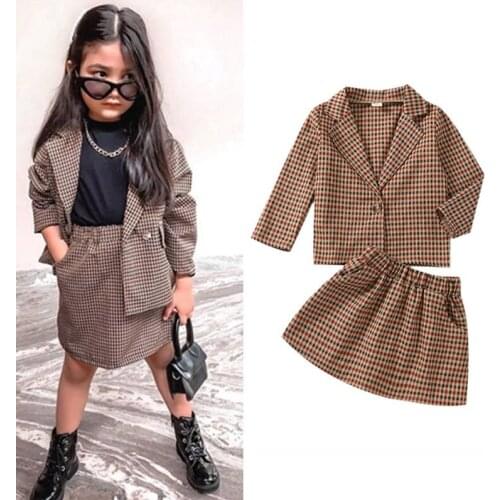 Fashion Toddler Girls Autumn Winter Clothes Set Long Sleeve Plaid V Neck Coat Jacket+Skirts 2PCS Children Kids Outwear