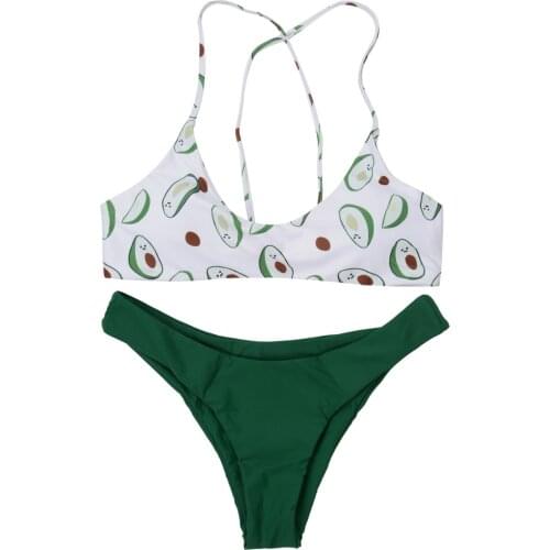 Summer Ladies Split Swimwear Set Adults Women Leisure Style Creative Avocado Printing Lace Up Sexy Backless Bikini Swimsuit