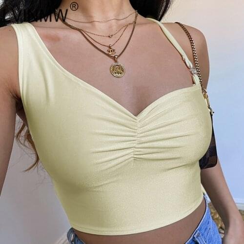 LVINMW Tank Solid Asymmetric Folds Sleeveless Women Outfits Bandage Low Cut Slim Simple Y2K Crop Top V Neck Casual Streetwear