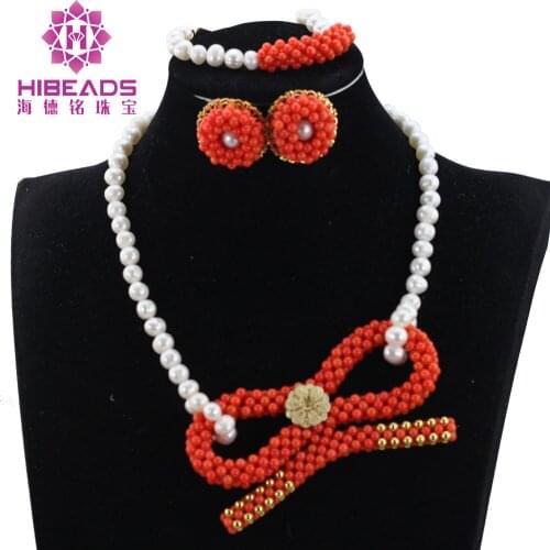 Fashion Coral Accessory Wedding Jewelry Set Freshwater Pearl Necklace Earrings Bracelate Set Bow Jewelry Free Shipping ANJ396