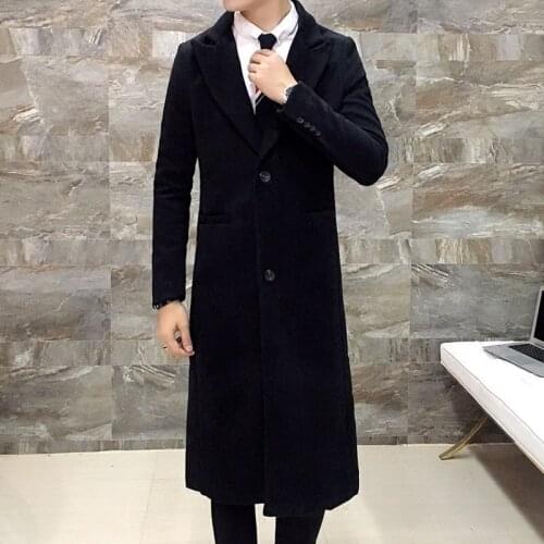 Autumn Winter Mens Long Overcoat Single Breasted Lapel Woolen Coat Black Business Casual Warm Outwear U60