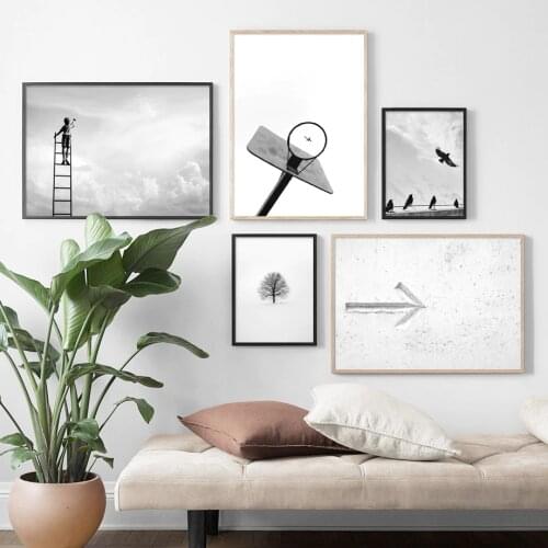 Wall Art Canvas Painting Boy Ladder Plane Bird Tree Nordic Posters And Prints Black White Wall Pictures For Living Room Decor