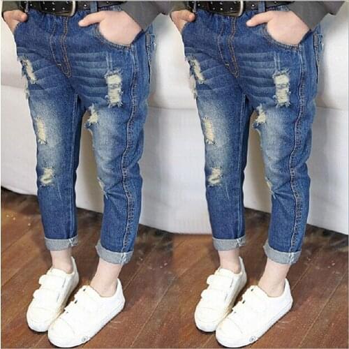 2021 New Hole Ripped Girl Jeans for Kids Spring Autumn Blue Wool Trouser Children Kid Denim Pencil Pant Baby Boy Infant Clothing
