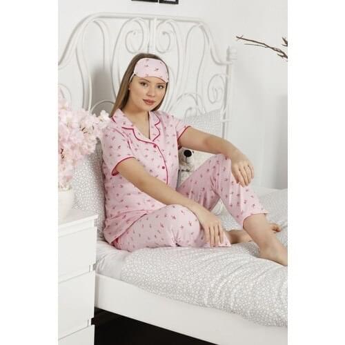 Sleepwear House Ribbon Accents Front Button Short Sleeve Pajamas set