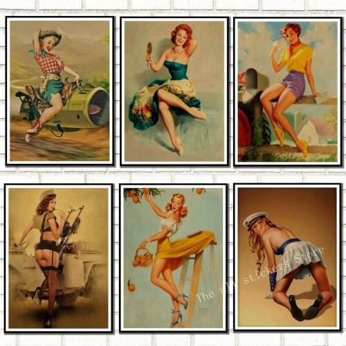 World War II PINUP GIRLS Classic Retro Kraft Paper Poster Sexy girl Decorative Painting Military Bar Cafe Home Room Decorb/809