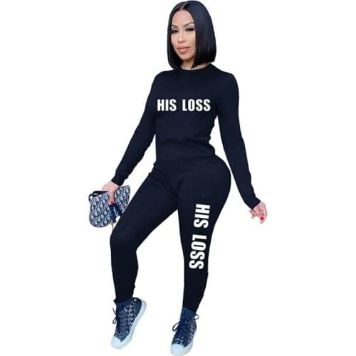 Casual Sport Fitness 2 Pieces Set Letter Printed "his Loss" Long Sleeve T-shirt And Legging Pants Women Tracksuit Active Wear