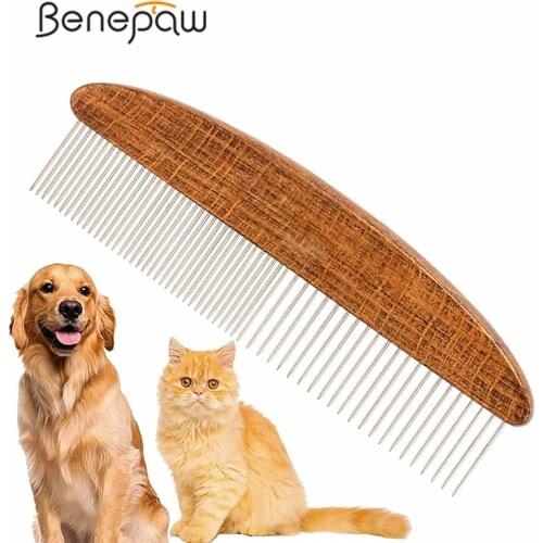 Benepaw Professional Solid Wood Dog Comb For Shedding Comfortable Handle Safe Passivated Teeth Pet Grooming Tool Easy To Use