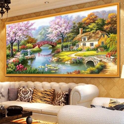 Needlework,DIY Scenery Landscape Cross Stitch Silk,European Oil Painting Garden Cabin,Sets For Embroidery Kits,Wall Home Decor