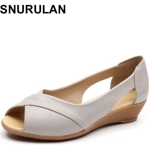 SNURULAN Summer Women Shoes Woman Fashion Genuine Leather Open Toe Sandals Ladies Casual Platform Wedges Plus Size SandalsE136