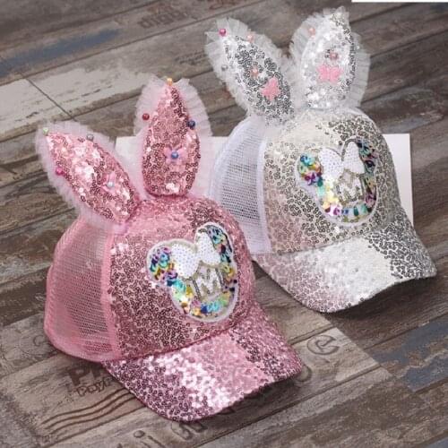 Cute ChildrenS Net Cap Spring And Summer ChildrenS Baseball Cap Girls Stretch Hip Hop Hat Rabbit Ears Pearl Big Bow ChildrenS