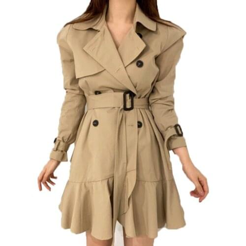 Womens Trench Coat 2021 New Spring Autumn Women Windbreaker Mid-Length Ruffled Double-Breasted Casual Coat Outerwear Match Belt