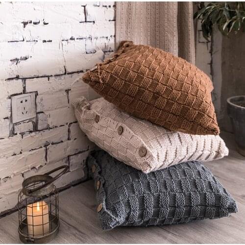 Knit Cushion cover Home Decoration 45x45cm Knitted Pillow Cover Simple Nordic Style Grey Ivory Coffee 45x45cm Button Open