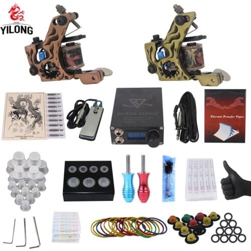 YILONG Professional Complete Tattoo Kit 2 Top Machine Gun 50 mix ink cup 10 Needle Power Supply 3000246-13