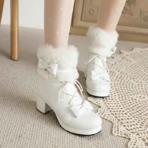 ZawsThia 2021 Cute Winter Cold Weather Woman Warm Shoes Faux Fur Plush White Black Platform Chunky Heels Womens Ankle Snow Boots