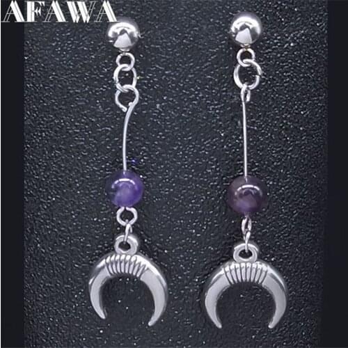 Stainless Steel Natural Purple Crystal Stud Earring Women Fashion Silver Color Small Long Witchcraft Moon Earring Jewelry EXS02