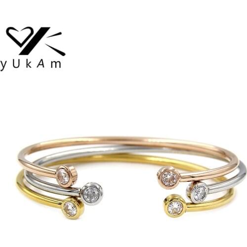 YUKAM Jewelry Women Twisted Crystal Rhinestones Cuff Bangles Stainless Steel Expandable Wired Bangles Bracelet Silver Color Gold