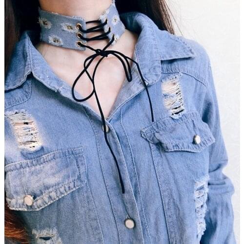 40mm Wide Blue Denim Bow tie Choker Necklace Tie For Women Tassel Jeans tattoo Chokers Collier ras de cou colar bijoux femme