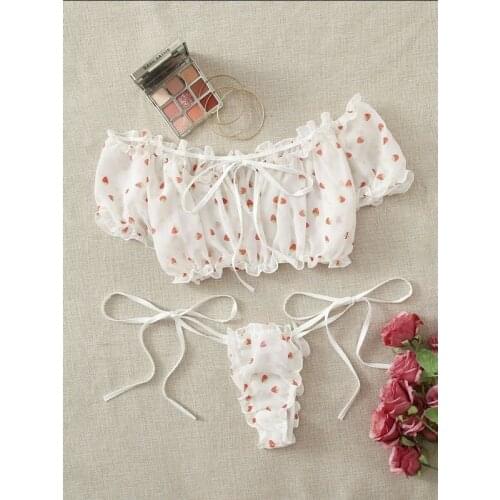 Swimsuit Women Sexy Lingerie Mesh Bra Set Off Shoulder Ruffle Underwear Cute Wireless Transparent Bralette Thong Intimates