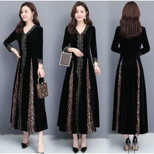 Pleuche Dress Long Spring Summer New V-Neck Large Leopard Print Wrist Sleeves Dress Plus Size Cheongsam Slim Long Dress Lace