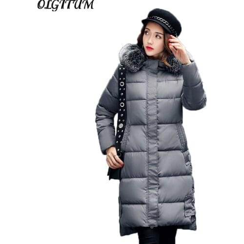 Winter Coat 2019 New Korean version female long section coat Back with a print thickening feather cotton big collar wool coat