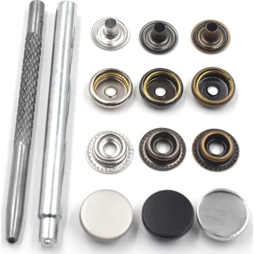 10sets buttons with 2 manual tools, fastener hammer sticks,hole puncher,ring Spring type brass snaps,Alloy cap,DIY accessories