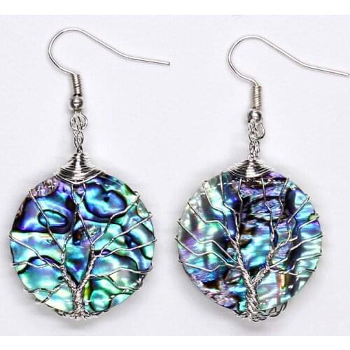 100-Unique 1 Pair Silver Plated Wire Wrap Round Shape Abalone Shell Drop Earrings Charm Womens Earring