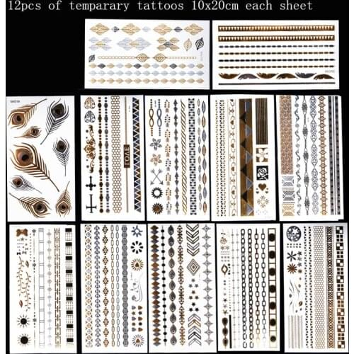 12pcs of sticker summer style body art temporary tattoos metallic bracelet chocker jewelrey tattoo for birthday wedding party