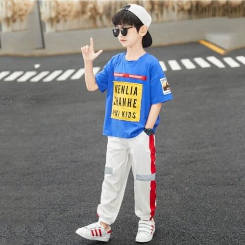 Childrens clothing boys cotton short-sleeved suit letters printed T-shirt pants 2pcs summer suit new big virgin suit