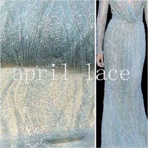 5yards HL001 glued sparkle glitter light blue mesh net tulle lace fabric for india african sawing /evening dress