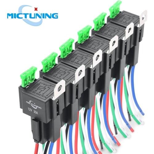 MICTUNING 6pcs 5-Pin SPST Automotive Electrical Relays with 14AWG Wires Car Fuse Relay Switch Harness Set 30A ATO/ATC Blade Fuse