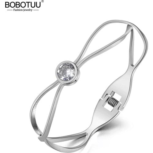 BOBOTUU Titanium Stainless Steel CZ Crystal Bangles Bracelets For Women Rose Gold Geometric Chain Link Bracelet Bangle BB20023