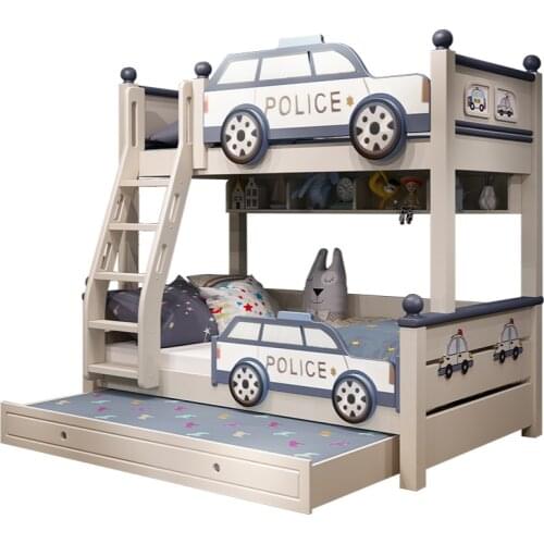 Full solid wood two-story childrens bed boy up and down wooden bed bunk bed high and low bed mother bed police car bed slide