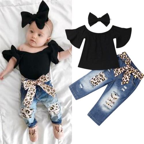 Emmababy 3PCS Toddler Baby Girls Clothes Crop Tops T-Shirt +Ripped Denim Pants Summer Clothes For Kids Girl 1-6T