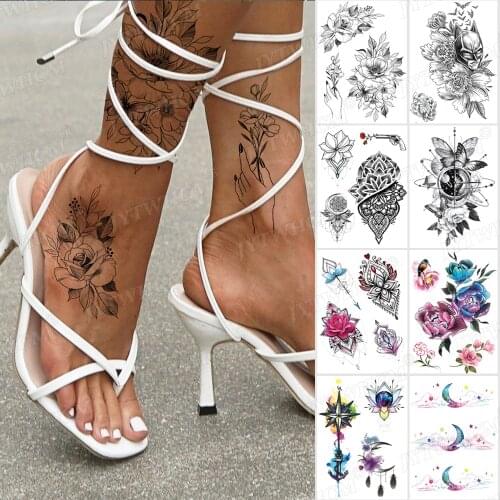 Art Temporary Tattoo Woman Arm Flowers Black Sketch Realistic The Most Authentic Looking Tatto Sticker Attached to the Body Foot