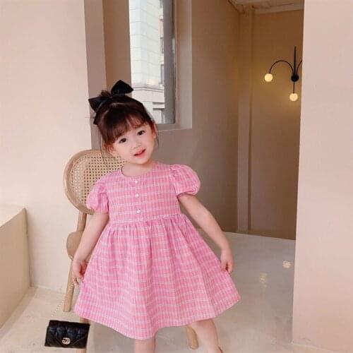 Plaid Dress for Kids 2021 Childrens Summer Clothing Lantern Sleeve Casual Mini Dress Button Decoration Girls A-Line Dress