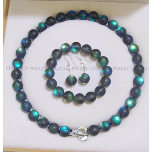 10mm Gray Gleamy Rainbow Moonstone Round Beads Necklace Bracelet Earrings Set Jewelry