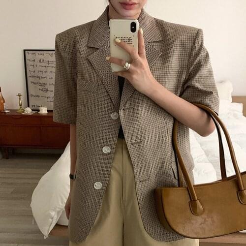 Korea Chic Autumn Simple Temperament Lapel Three Buttons Loose Casual Cardigan Short-sleeved Plaid Suit Jacket Women