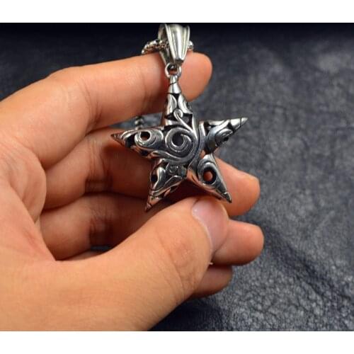Fashion Necklace Stainless steel Silver color Accessories Hollow Out Five-pointed Star Pendant Pentagram Punk Rock Biker