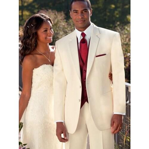 Custom Made Ivory Wedding Suits For Men, Bespoke Notch Lapel Ivory Suits Dark Red Vest, Tailor Made Off-White Mens Ivory Suits