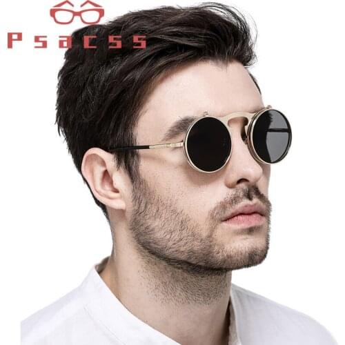 Psacss NEW Steampunk Sunglasses Women Men Flip Cover Vintage Metal Glasses Brand Designer Womens Mirror Lunette De Soleil Femme