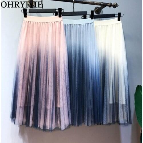 OHRYIYIE Summer Gradient Color Tulle Skirt Women 2021 New Fashion Patchwork Pleated Skirts Female Tutu Skirt Jupe Longue Femme