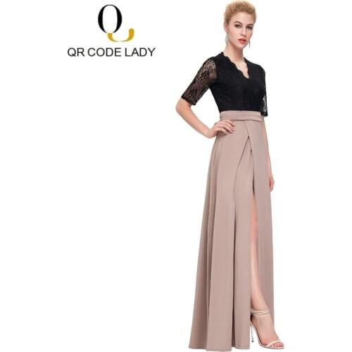 QR Spring Summer Dress Women 2019 Elegant Vintage Sexy V Neck Split Long Party Dress Female Casual Patchwork Lace Maxi Dresses