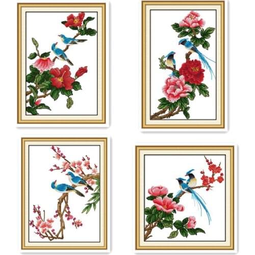 Joy Sunday Bird on branch and blossoming flowers Hand embroidered cross stitch kit Picture poetic and beautiful scenery