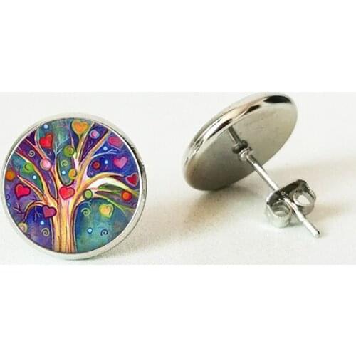 Life tree Statement Stud Earrings Jewelry Vintage Convex glass earrings to send friends' gifts beautiful ear ornaments