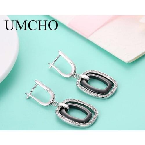 UMCHO Real 925 Silver Jewelry Black White Ceramic Zircon Drop Earrings For Women Classic Party Prom Dance Mature Fine Earrings