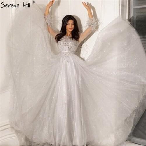 Grey A-Line Beading Feathers Design Evening Dresses 2020 Dubai Long Sleeves Luxury Formal Dress Serene Hill LA70472