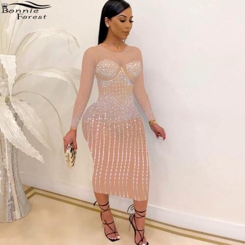 Bonnie Forest Sparkle Mesh Iridescent Rhinestones Bodysuit Dress Glam See-Through Crystal Midi Dress Birthday Outfits Club Wears